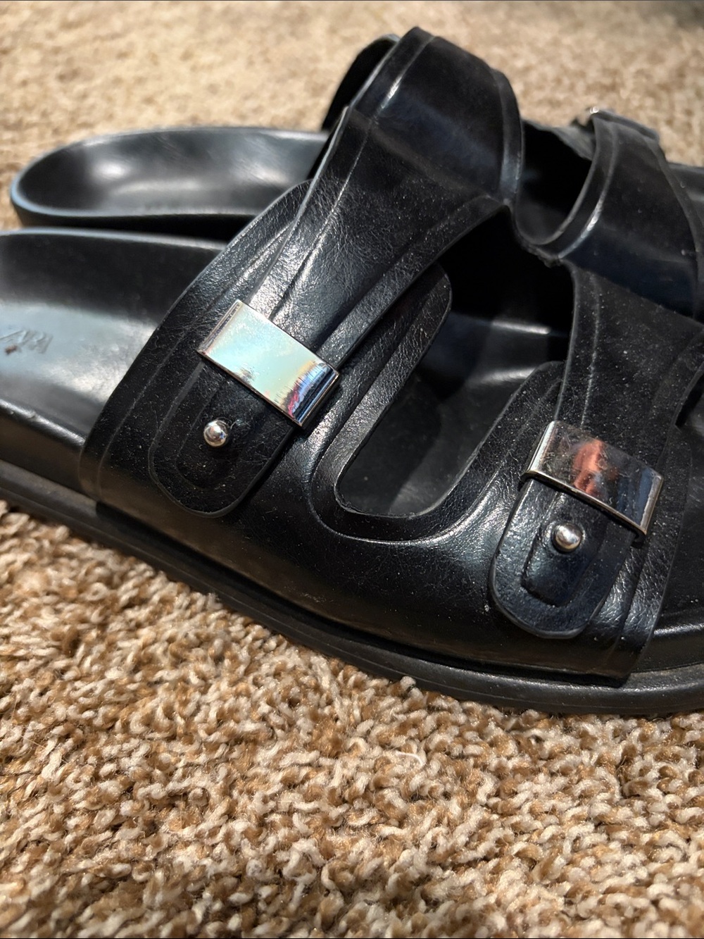 Zara Black Double-Strap Slide Sandals with Silver Buckles - Picture 2 of 4